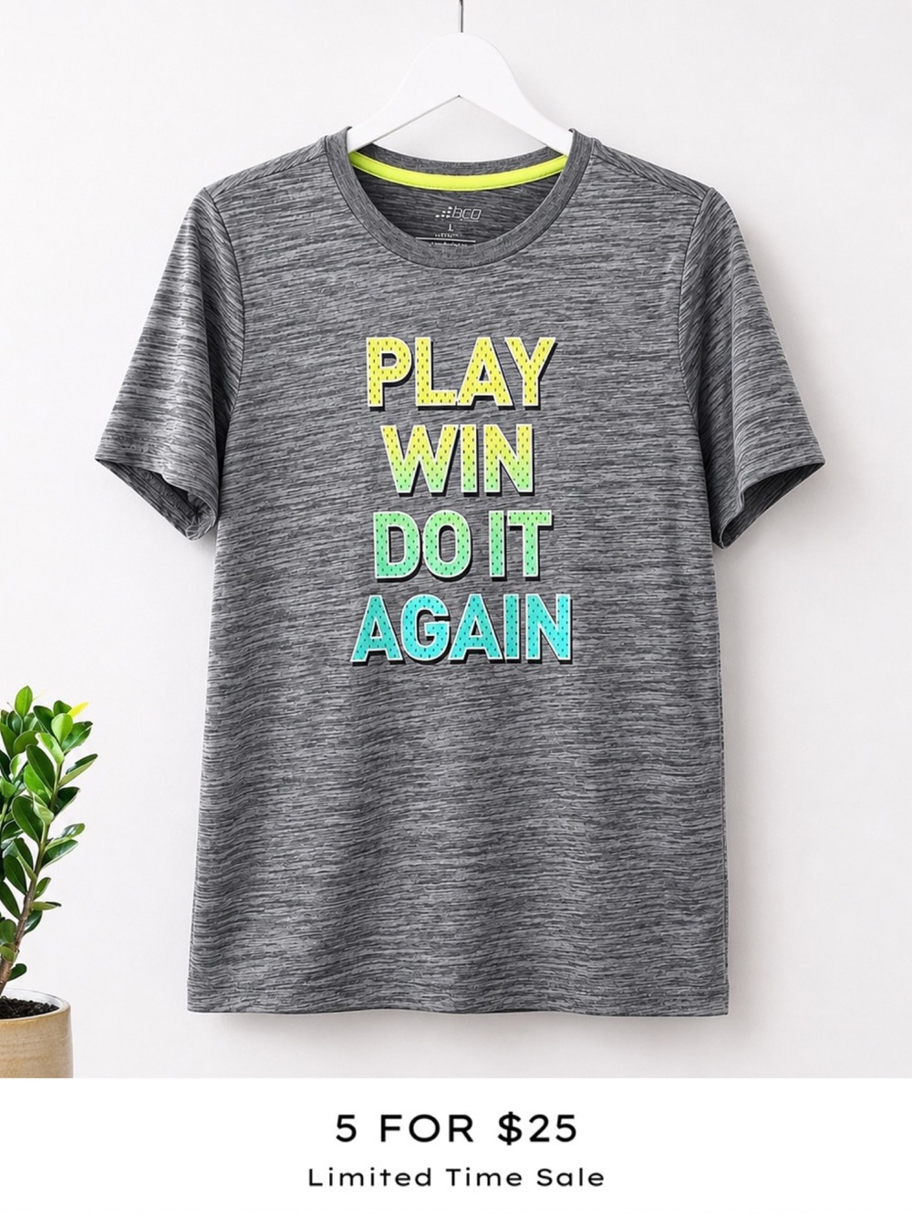 BCG Boys Dri-Fit Athletic Tee Size Large 10-12 Gray “Play Win Do It Again” Shirt